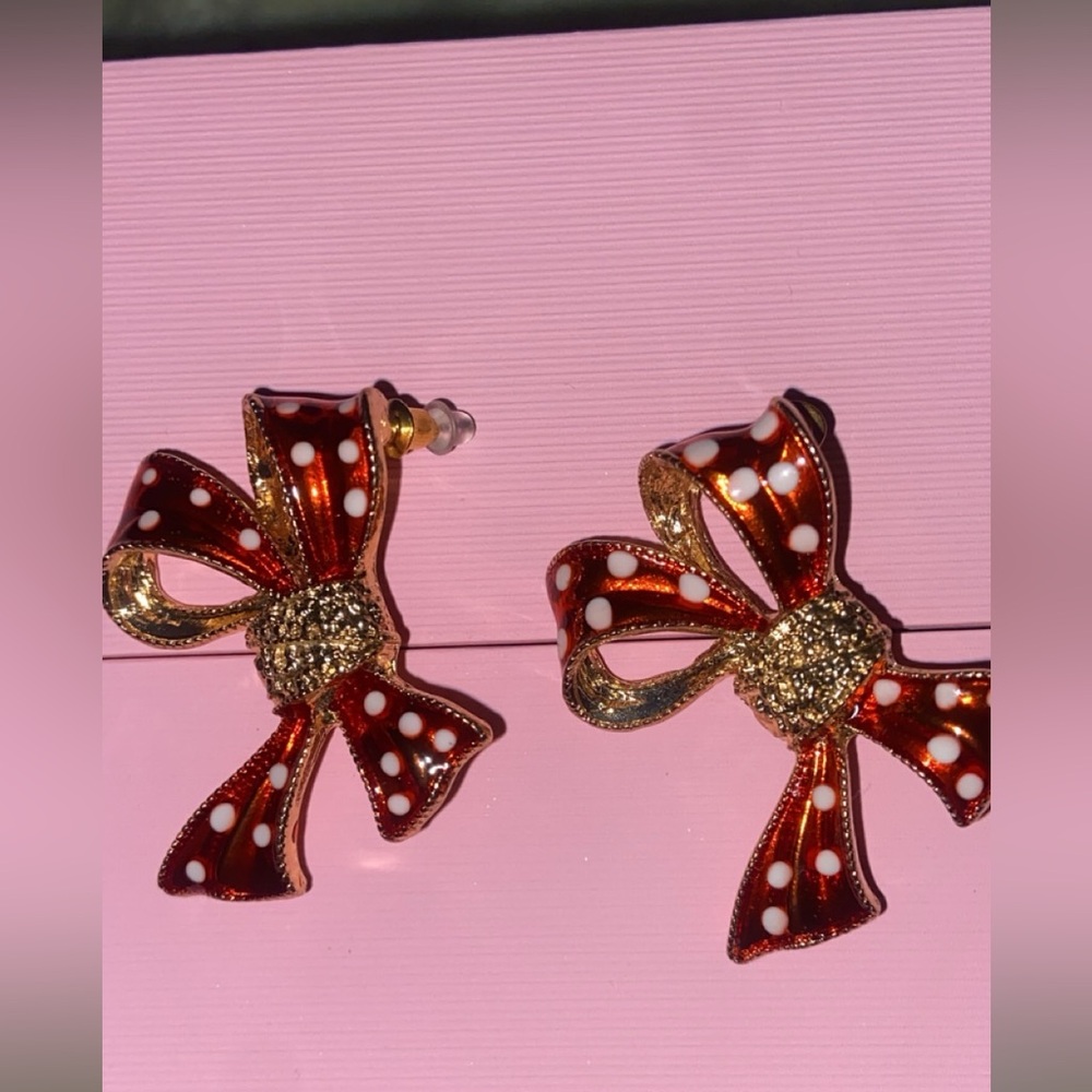 Polka Dot Bow Earrings - Red and Gold